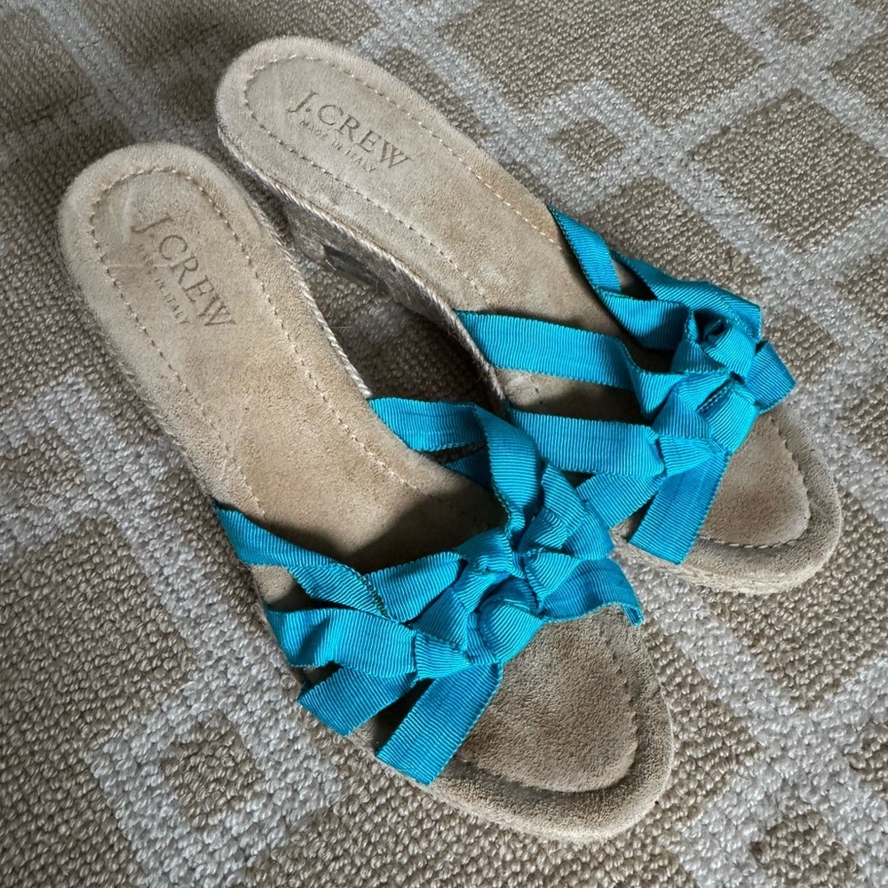 J. Crew Wedge Sandals Blue Ribbon Espadrille Shoes Preppy Resort Style Size 7 - Picture 7 of 9